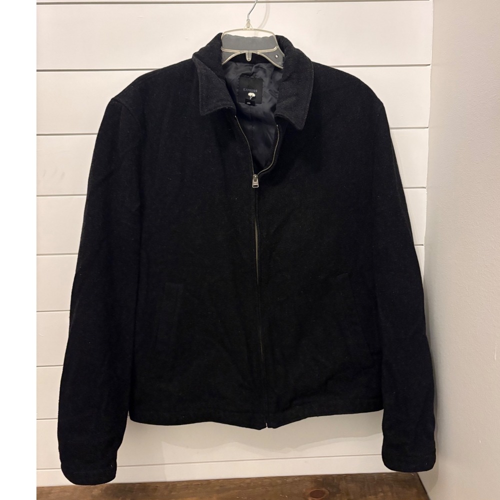 Express Mens Black Wool Blend Jacket Coat‎ Full Zip Collared L Large